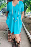 GJQ14589-2 Solid color blue short sleeve women dress w/pockets(BS6