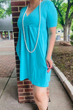 GJQ14589-2 Solid color blue short sleeve women dress w/pockets(BS6