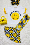 XCH0666-23H Kids yellow smile face prints top bell bottom girls outfit sets