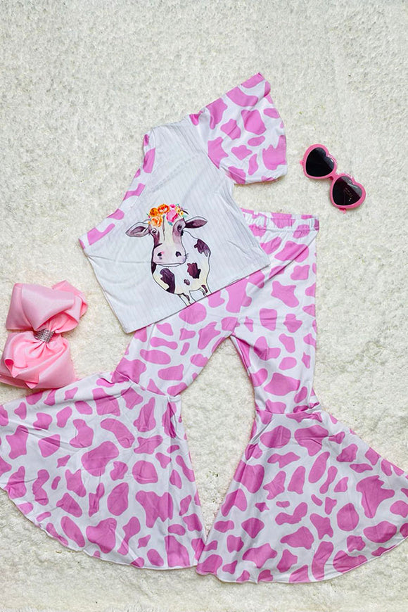 DLH2444 Kids one shoulder cow top pink bell bottom girls outfit sets