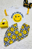XCH0666-23H Kids yellow smile face prints top bell bottom girls outfit sets