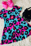 XCH0020-2H Turquoise & Pink leopard prints short sleeve girls dress