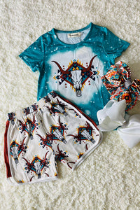 XCH0333-8H Bull prints blue top & Aztec shorts girls outfit sets