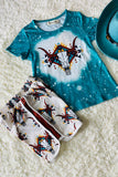 XCH0333-8H Bull prints blue top & Aztec shorts girls outfit sets