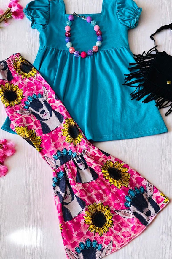 Children clothing suppliers Western blue ruffle sleeve top & bell bottom girls clothing sets 1114WY