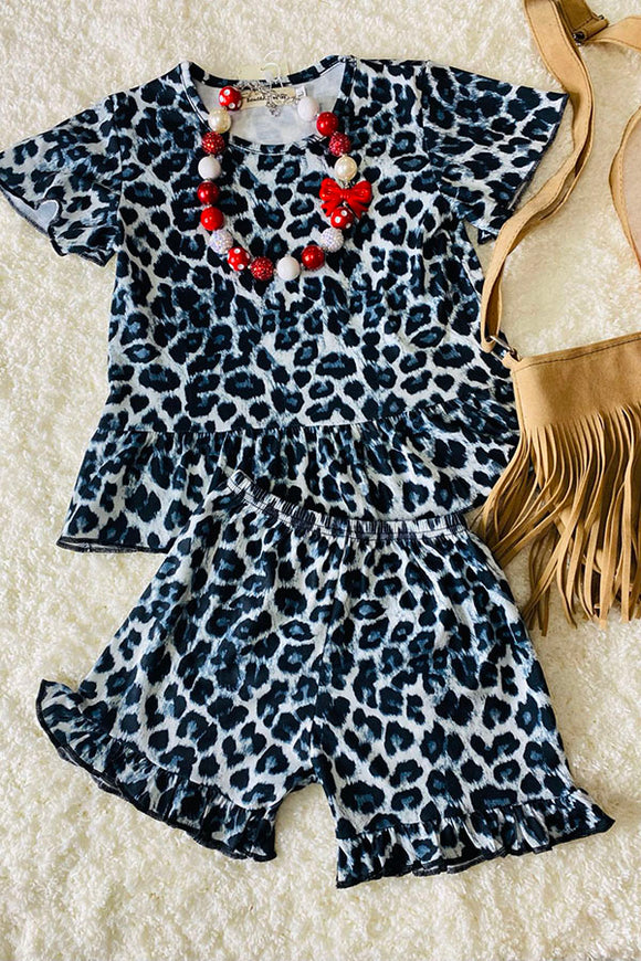XCH0666-4H Kids Blue leopard prints tops & ruffle shorts girls sets