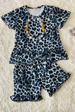 XCH0666-4H Kids Blue leopard prints tops & ruffle shorts girls sets