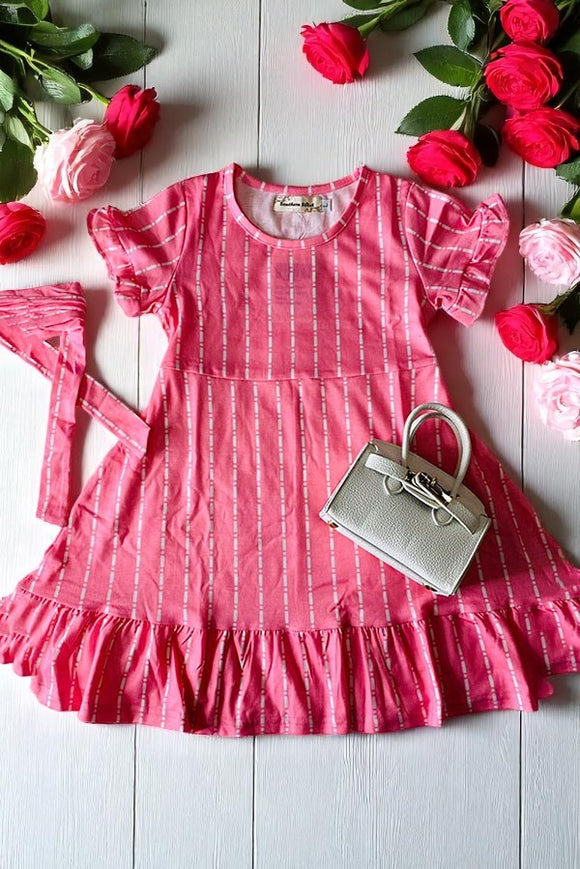 Buy Pink stripped ruffle short sleeve dress w/adjustable pink belt XCH0555-7H (A2S4)