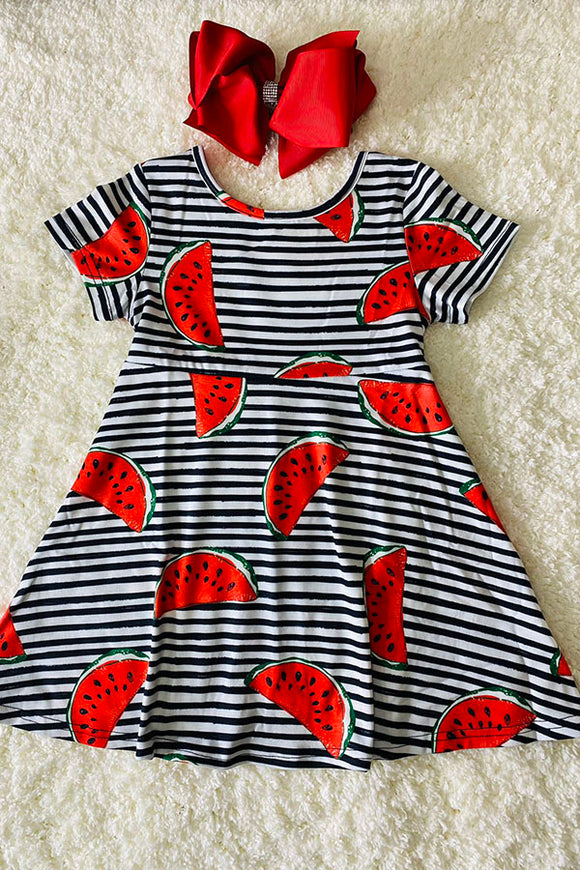 XCH0555-3H Kids Watermelon & Striped short sleeve girls dress