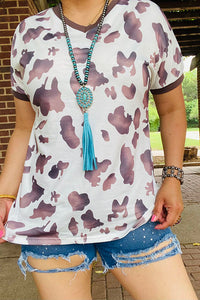 White cow spotted v-neck top BQ11480