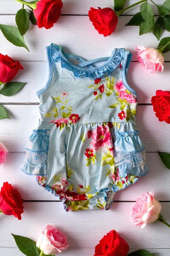 Shop Blue floral print baby romper with lace ruffles & pockets DLH2518