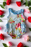 Shop Blue floral print baby romper with lace ruffles & pockets DLH2518