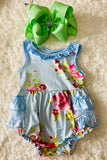 DLH2518 Blue floral print baby romper with pockets and lace