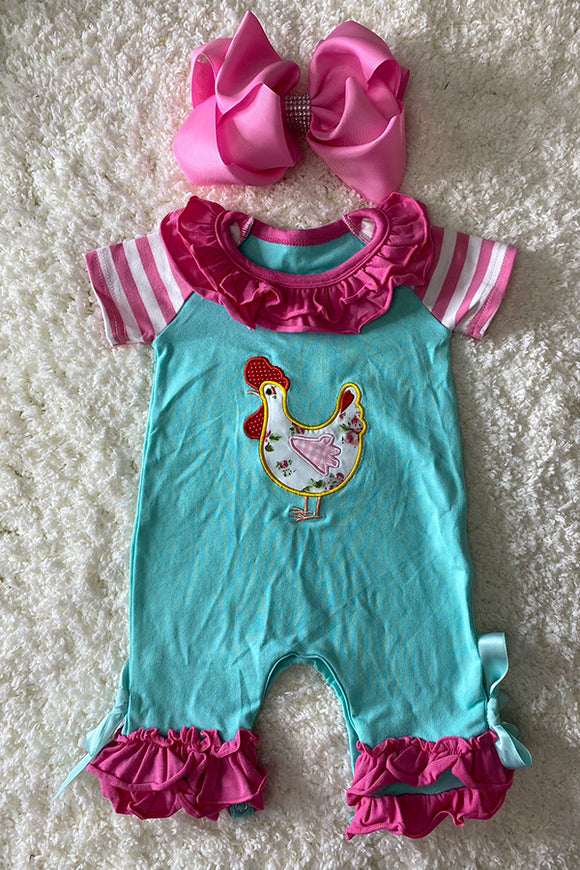 DLH2511 Aqua & hot pink embroidered chicken ruffle baby romper
