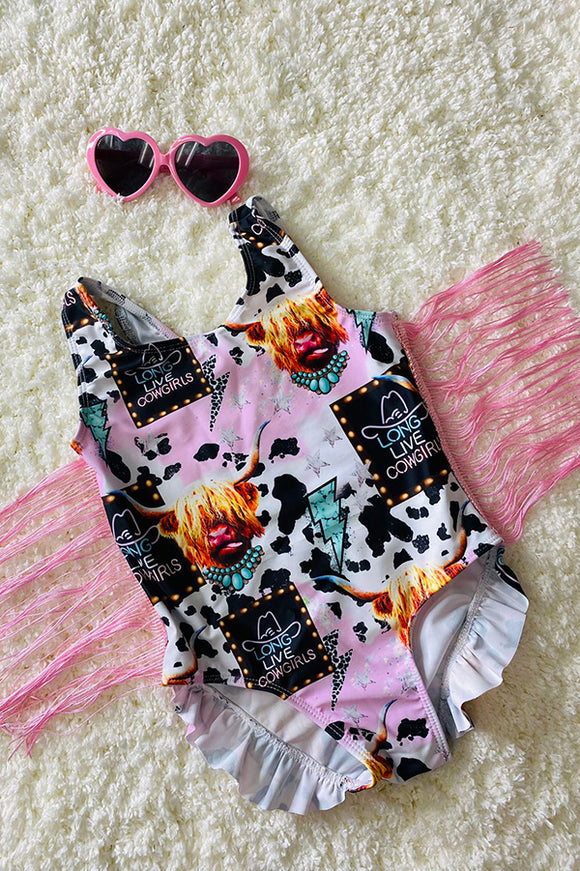 Cowgirl printed pink swimsuits w/fringe tassels DLH2456