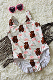 Cow printed girl bathing suite w/fringe tassels DLH2457