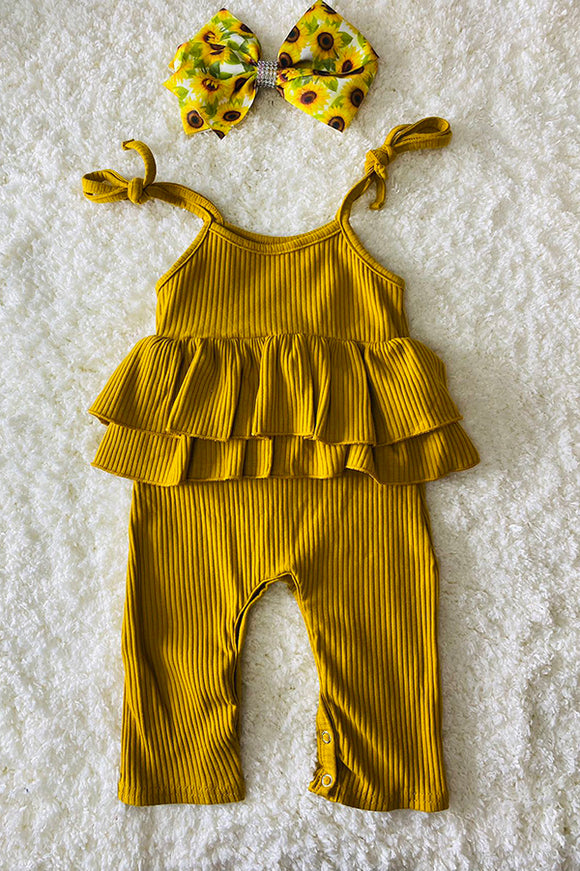 DLH2548 Yellow double ruffle striped girls jumpsuit