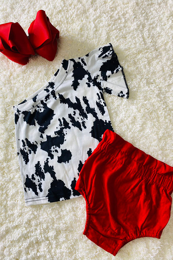 XCH0666-21H Cow print top red shorts baby outfit sets