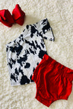 XCH0666-21H Cow print top red shorts baby outfit sets