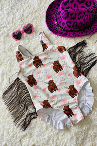 Cow printed girl bathing suite w/fringe tassels DLH2457