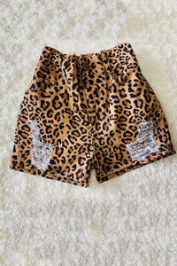 DLH2771 Brown leopard prints denim girls shorts