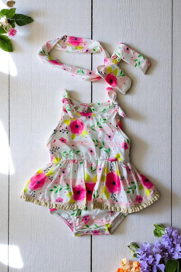 Buy baby clothes bluk Floral prints onesies with lace trim and headbands DLH2407