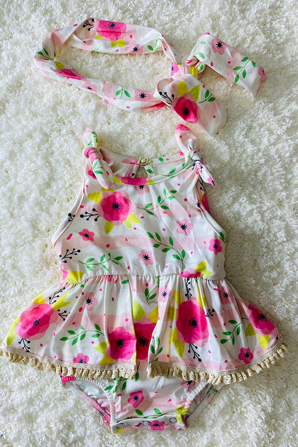 DLH2407 Floral prints romper with lace trim and headbands