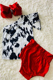 XCH0666-21H Cow print top red shorts baby outfit sets