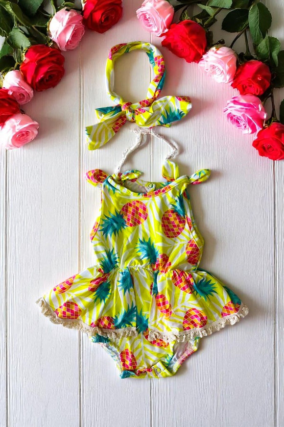 Shop Yellow pineapples baby romper w/matching headband DLH2433