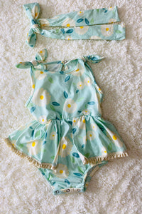 DLH2406 Aqua floral lace baby romper & headband