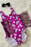 Kids swimsuit suppliers Purple western printed bathing suit w/fringe tassels DLH2454
