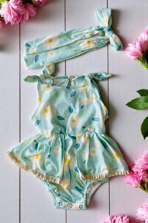 Baby onesies wholesale summer Aqua floral lace baby romper & headband DLH2406
