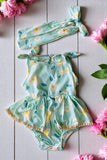Baby onesies wholesale summer Aqua floral lace baby romper & headband DLH2406