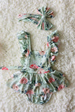 DLH1215-28 Aqua floral print ruffle baby romper w/matching headband