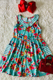 Turquoise floral girl dress w/pockets XCH0888-14H (A1S6)