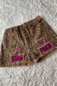 DLH2756 Kids Leopard prints & sequin patches girls denim shorts