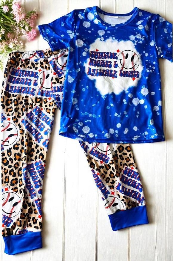 Wholesale unisex children clothes Blue baseball & leopard printed girl set 11898MZ