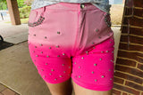 DLH13766 Tie dye Pink denim women shorts w/rhinestone and pocket IS9