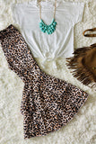 DLH2697 White tie top leopard double ruffle bell bottom girls clothing sets