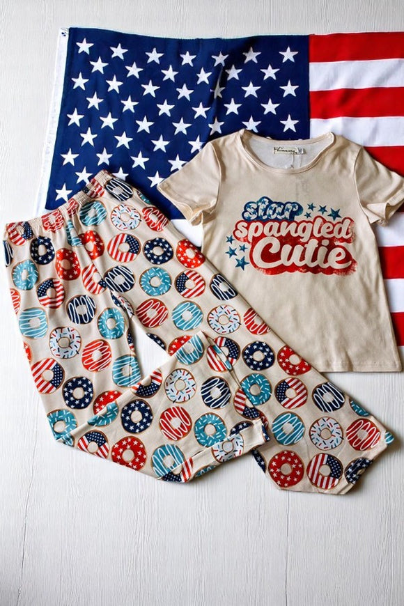 Shop children clothes 4th July STAR SPANGLED CUITIE Donuts printed girl set XCH0666-9H