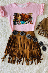 DLH2592 "HOWDY" top & brown suede fringe skirt girls set