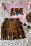DLH2592 "HOWDY" top & brown suede fringe skirt girls set