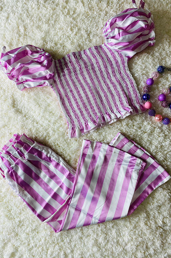 Pink & white striped printed girl 2pcs set DLH2469