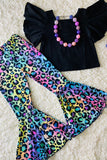 XCH0666-15H Multi color leopard bell bottoms w/black blouse printed girl set