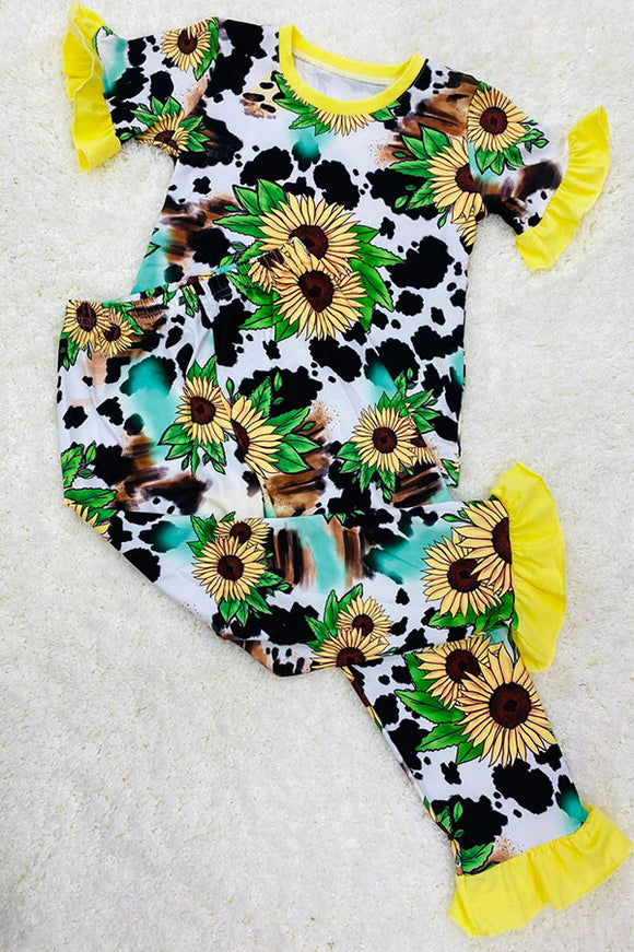 COW & SUNFLOWER printed ruffle girl clothing set DLH2323