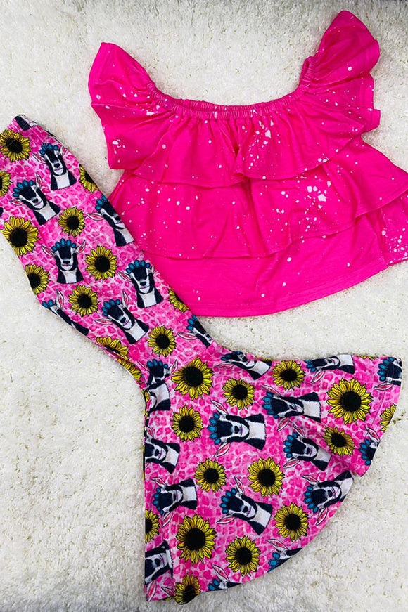 XCH0777-26H Pink off the shoulder blouse w/cow & sunflower printed bell bottoms girls sets