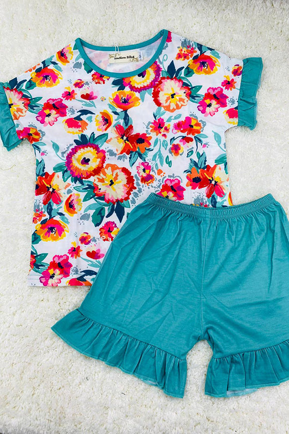 Multi color floral printed top w/turquoise shorts girls clothing sets XCH0777-21H