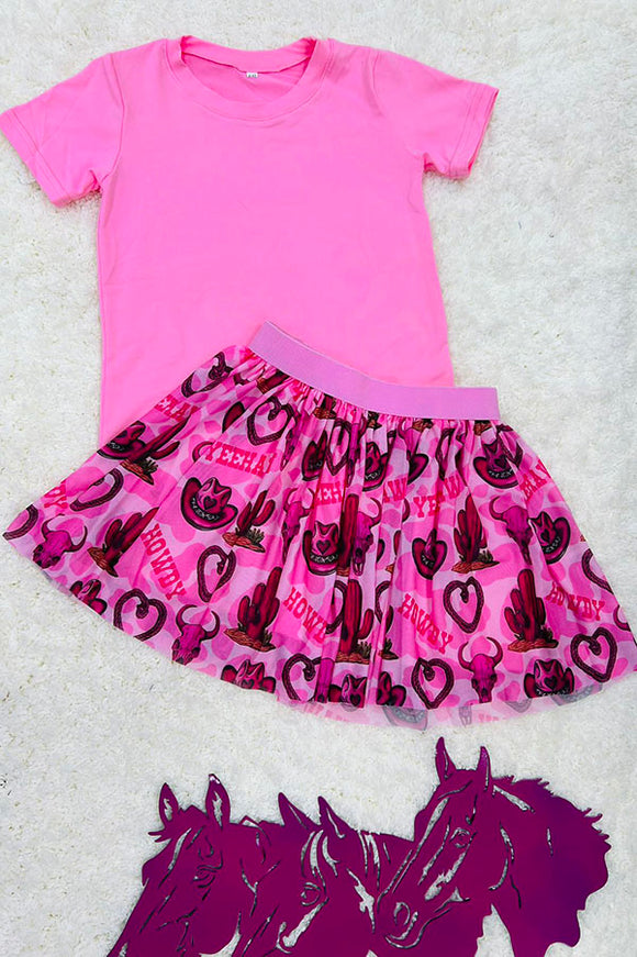DLH2783 Pink short sleeve top cowgirl prints skirt girls clothing set wholesale