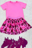 DLH2783 Pink short sleeve top cowgirl prints skirt girls clothing set wholesale