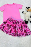 DLH2783 Pink short sleeve top cowgirl prints skirt girls clothing set wholesale